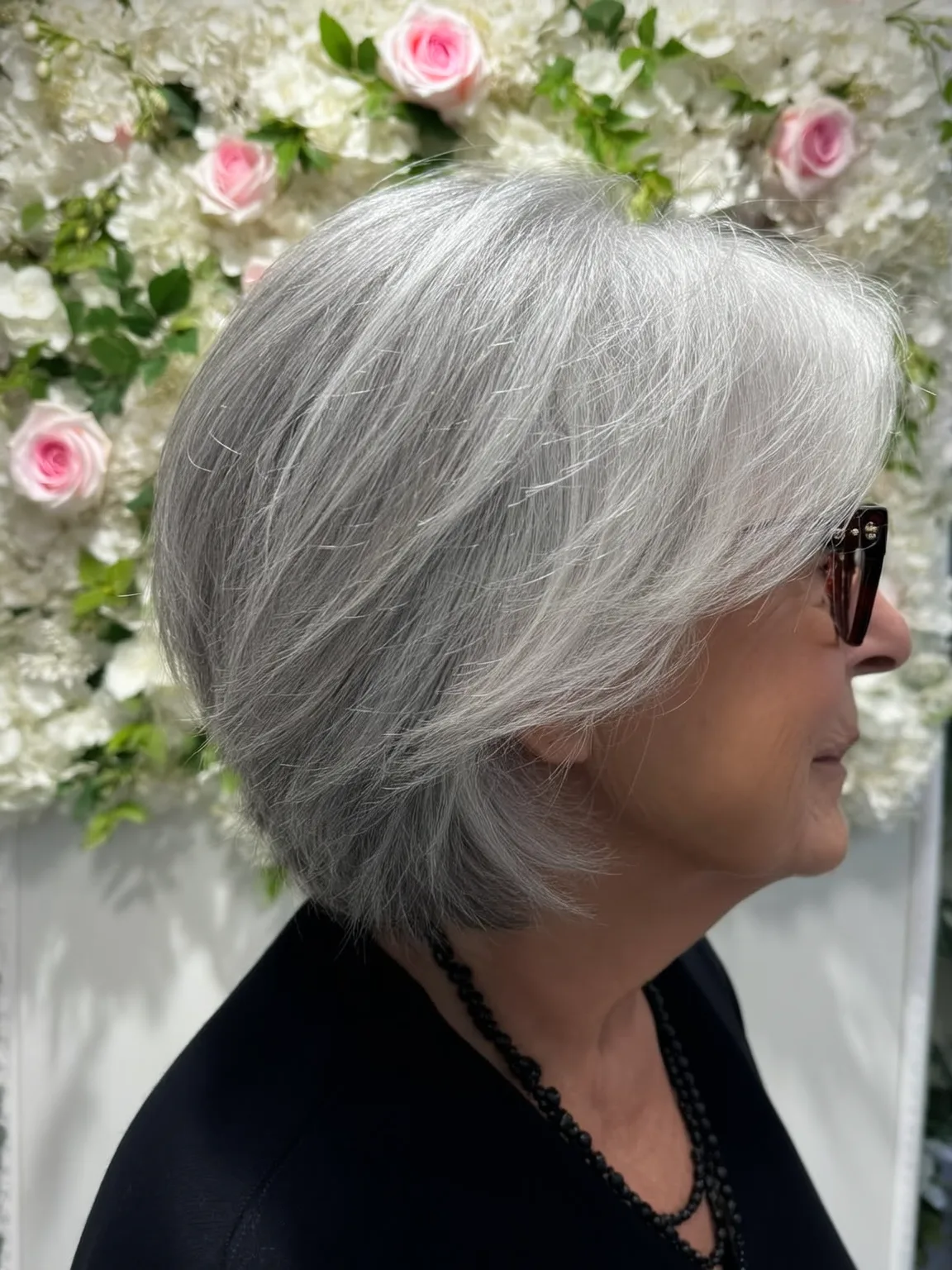 Wavy Shoulder-Length Silver Frost Layered Bob